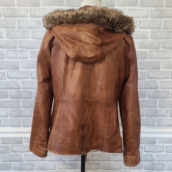 Black Rivet Brown Leather Hooded Jacket Coat Faux Fur Flannel Lined Rugged XL - Picture 4 of 9